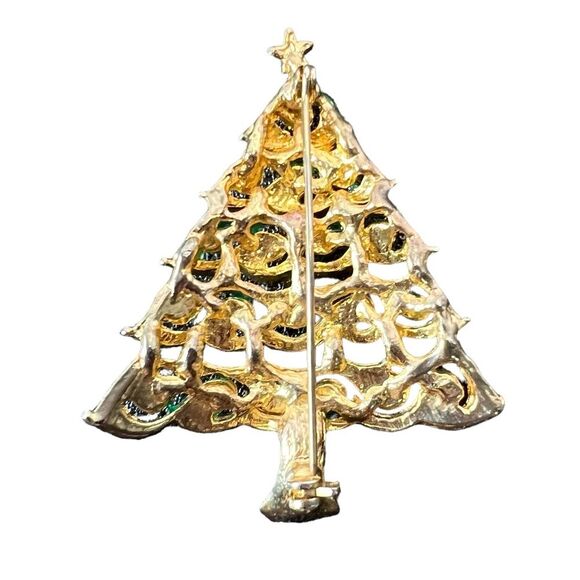 Vintage Christmas Tree Brooch Pin Green Gold Festive Holiday Hat Pin - Picture 2 of 3